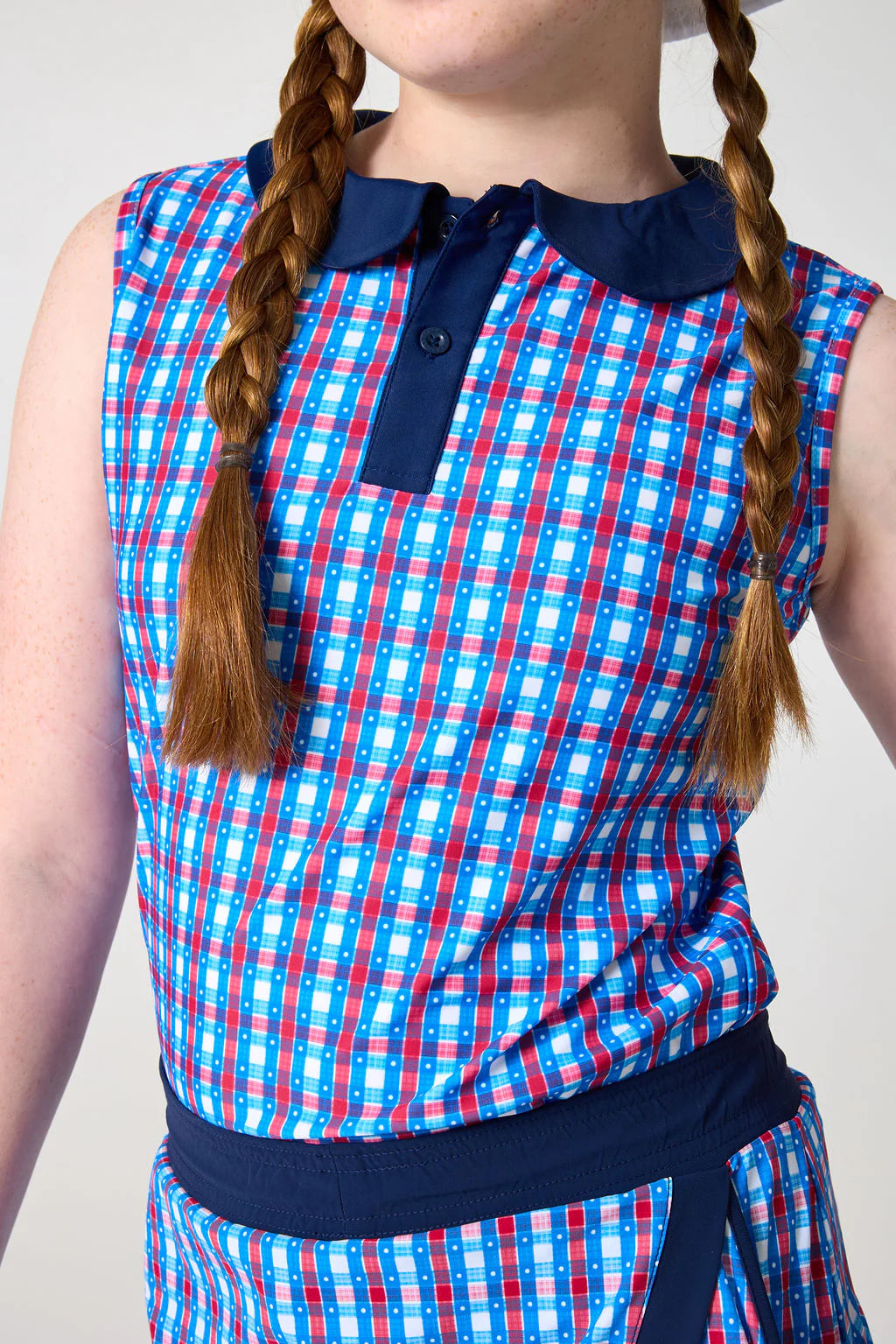 Red, white, and gingham girly girl tank top for kids by Courtside Kids, featuring a sleeveless design and playful pattern.