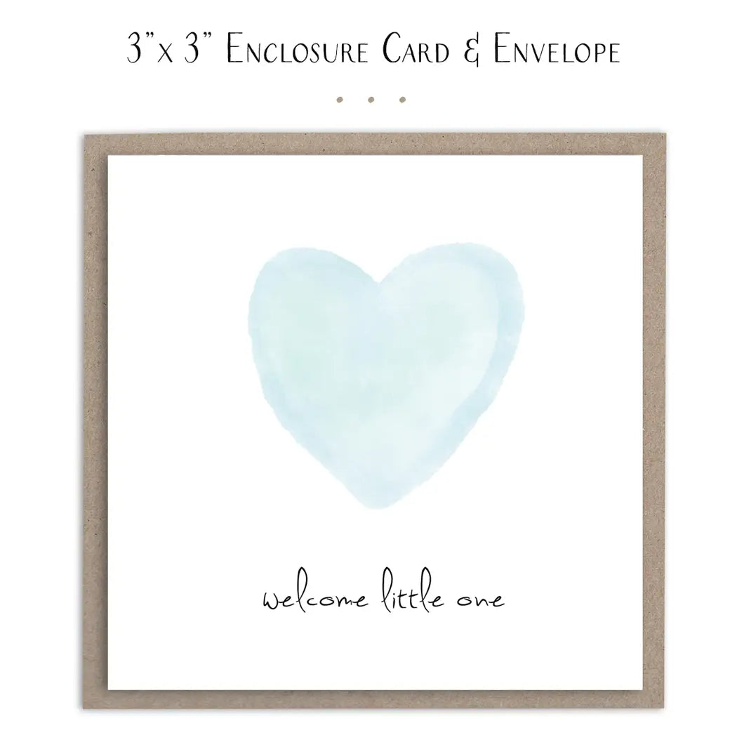 Blue Welcome Little One mini card for baby boy, plain design, from Sweet E's Children's Boutique, with soft blue color and simple style.