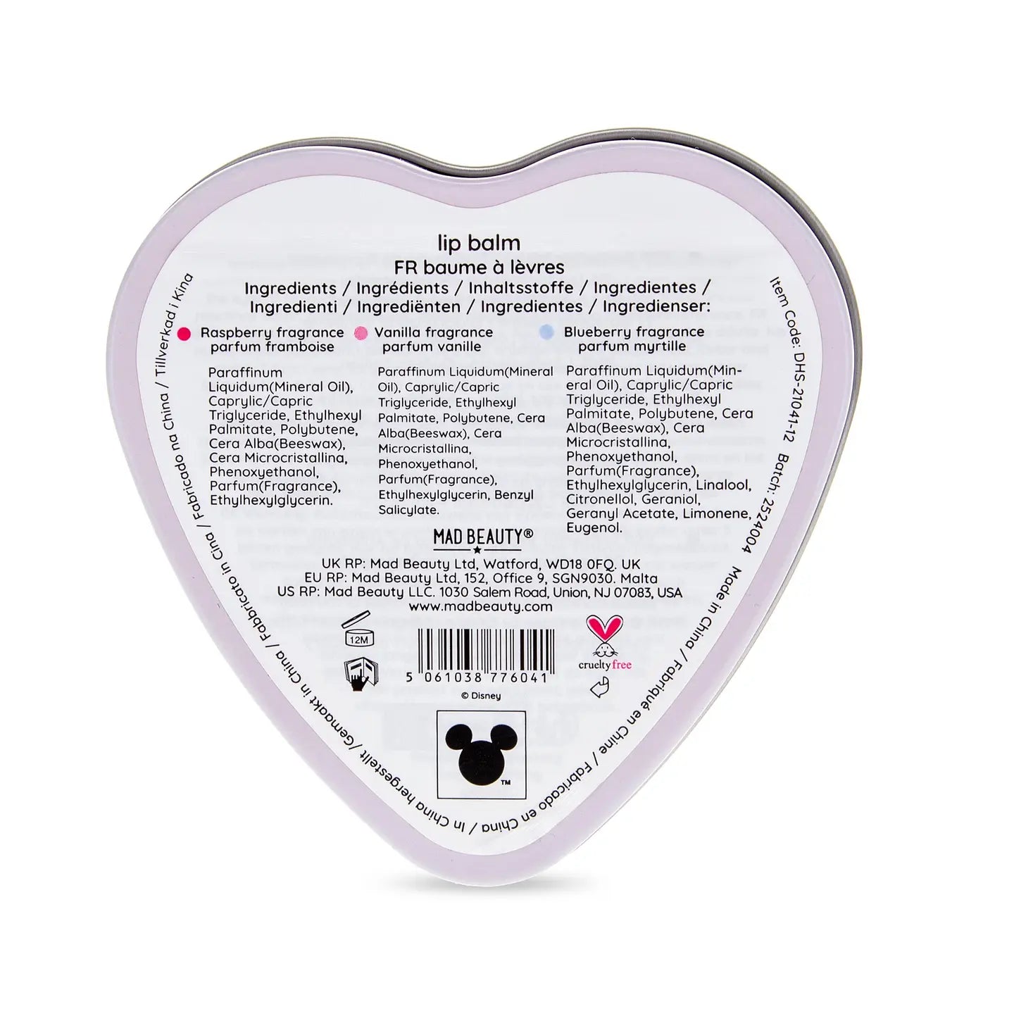 I Heart Stitch Mad Beauty lip balm tube with colorful stitching design on the packaging in close-up view.