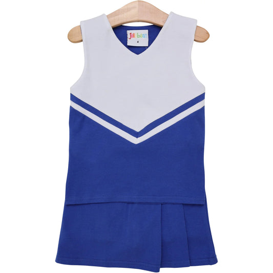 Blue and white cheer uniform skort set by Jellybean, featuring a sporty design with a matching top and skirt for cheerleading.