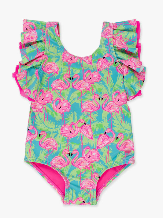 Neon Flamingo Fun Butterfly Sleeve One Piece Swimsuit