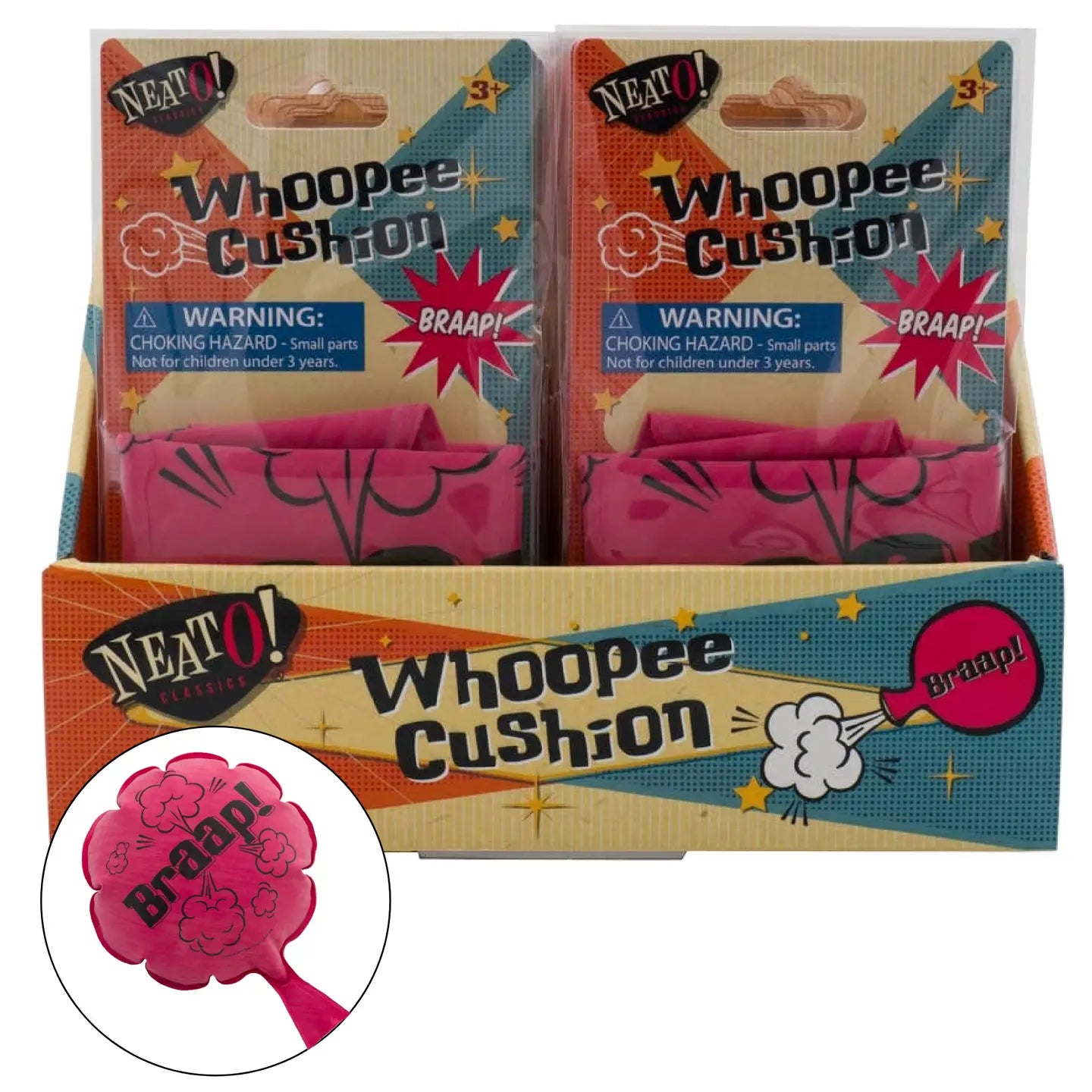 Toysmith Neato! Whoopee Cushion showing bright, colorful inflatable prank cushion with playful design and brand logo.