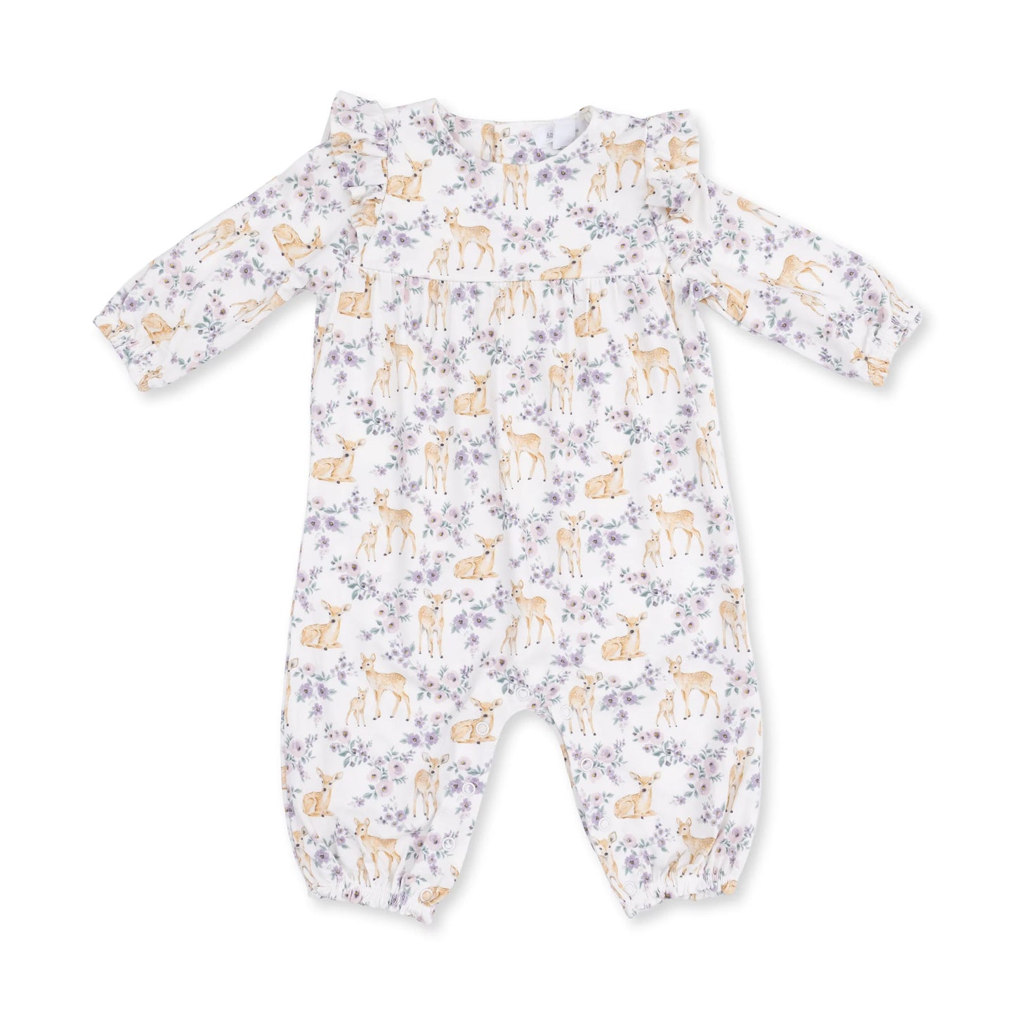 Angel Dear floral deer ruffle sleeve romper for infants, featuring a charming floral pattern and soft, comfortable fabric.