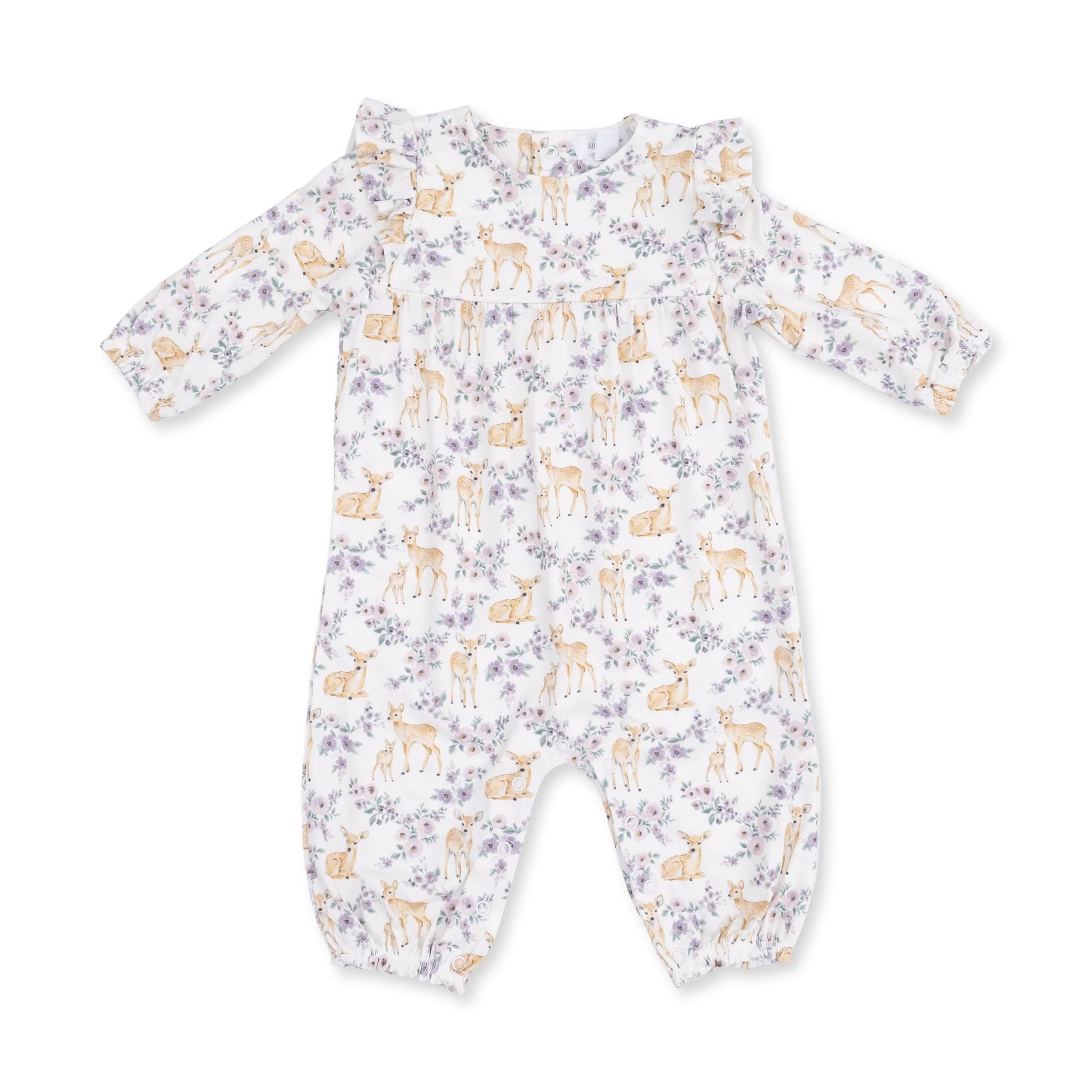 Angel Dear floral deer ruffle sleeve romper for infants, featuring a charming floral pattern and soft, comfortable fabric.