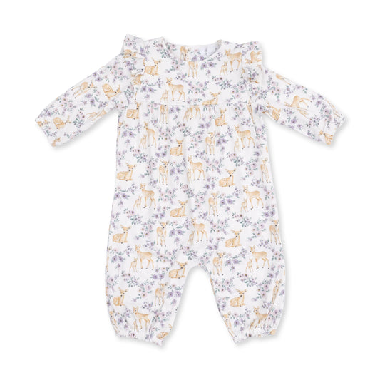 Angel Dear floral deer ruffle sleeve romper for infants, featuring a charming floral pattern and soft, comfortable fabric.