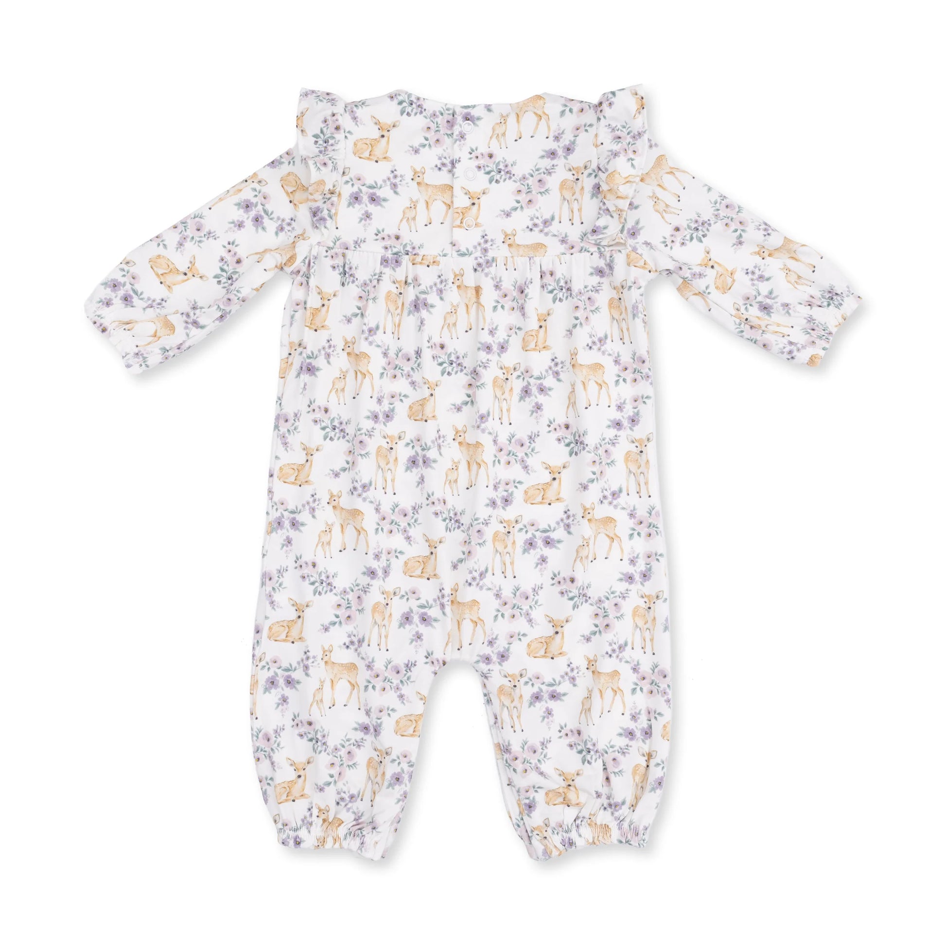 Angel Dear floral deer ruffle sleeve romper with cute deer print, soft fabric, and ruffled short sleeves for babies.