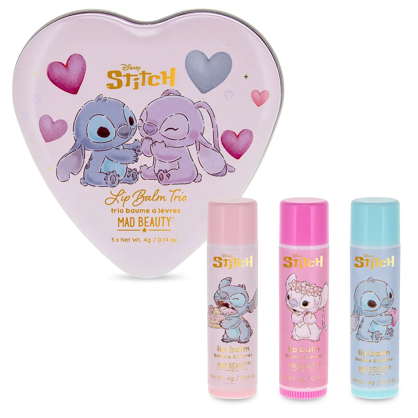 I Heart Stitch lip balm by Mad Beauty in a clear tube with a pink cap, featuring Stitch from Lilo & Stitch on the packaging.