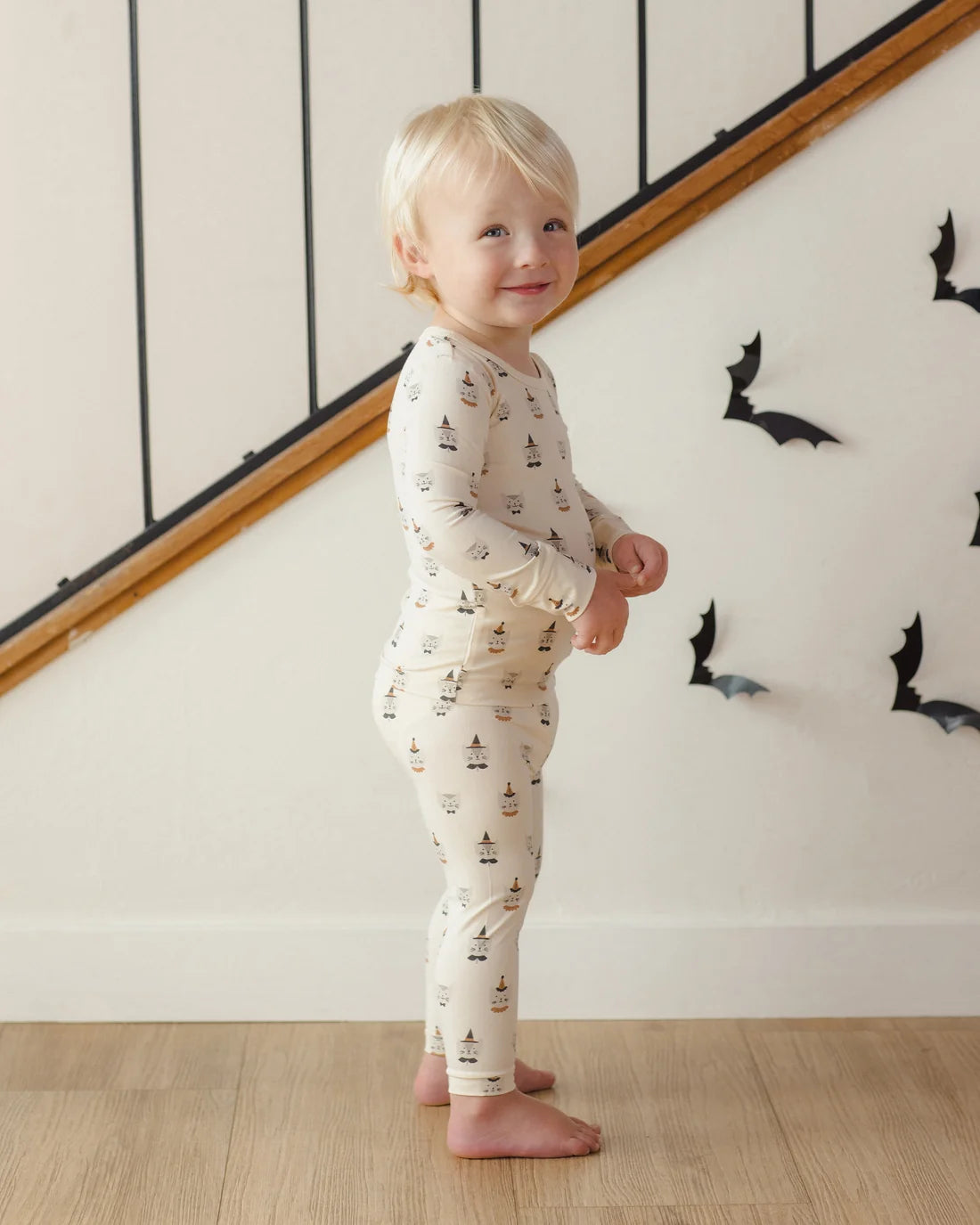 Quincy Mae kitten-themed bamboo pajama set for children, soft and comfortable sleepwear with playful kitten print.