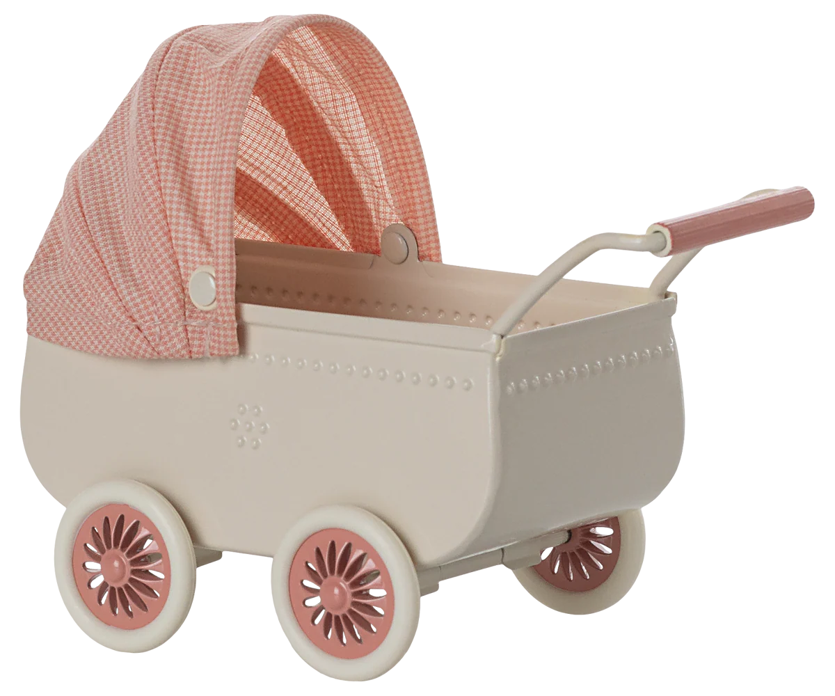 Maileg Mouse Pram in coral with doll inside, vintage-style baby stroller for play or display, detailed fabric and design.