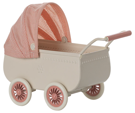 Maileg Mouse Pram in coral with doll inside, vintage-style baby stroller for play or display, detailed fabric and design.