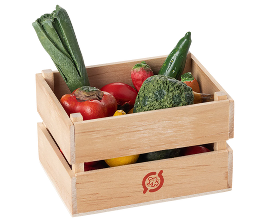 Miniature vegetables and fruits set by Maileg, detailed tiny plastic produce for dolls or play kitchens