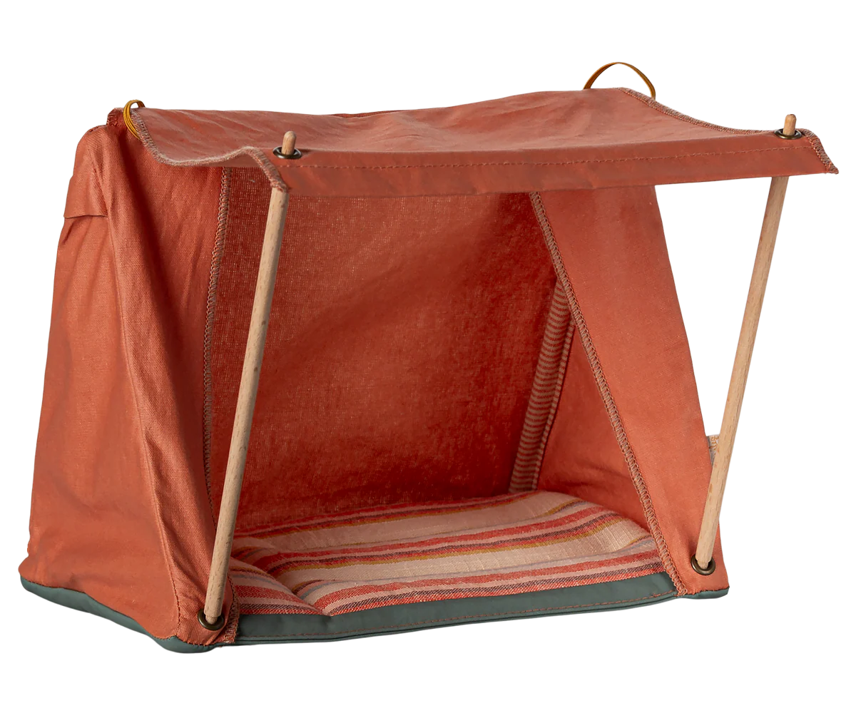 Maileg Happy Camper Tent for Mouse, colorful fabric play tent with camping theme and playful design, perfect for children's imaginative play.