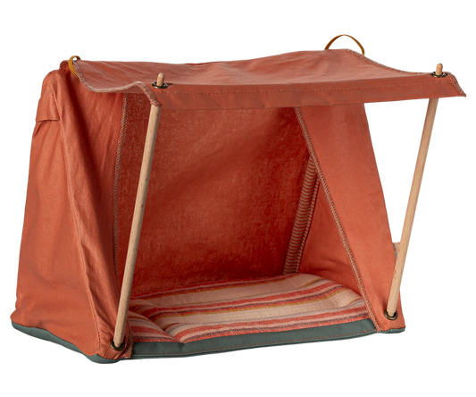 Maileg Happy Camper Tent for Mouse, colorful fabric play tent with camping theme and playful design, perfect for children's imaginative play.