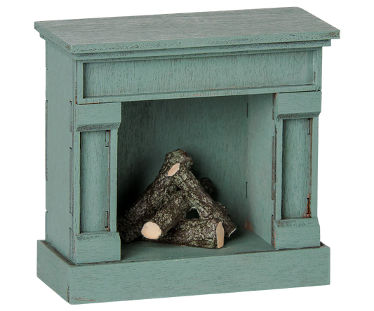 Blue Maileg Mouse Fireplace toy, soft fabric mouse with cozy fireplace accessory for imaginative play