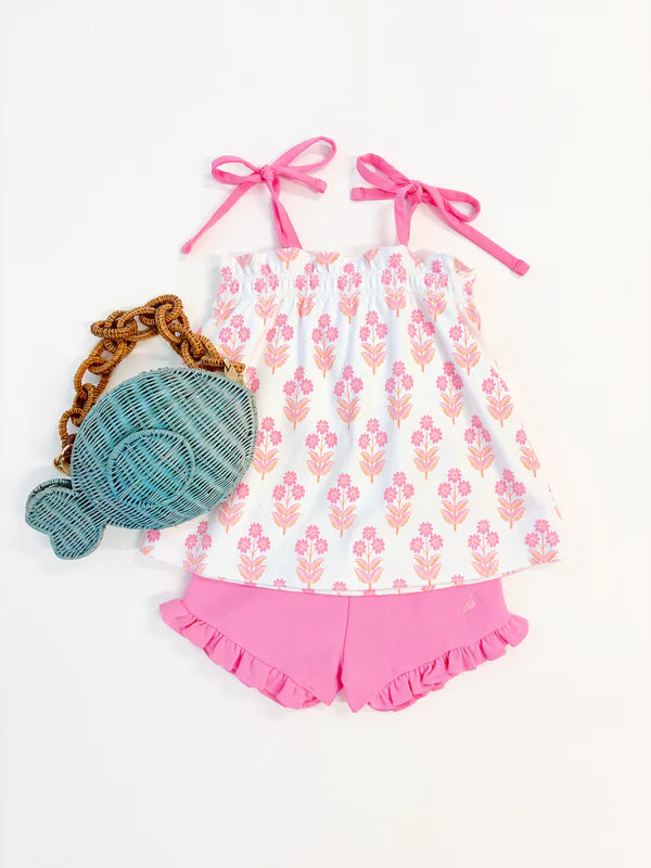 Pink Shelby Anne shorts from Winter Park collection by The Beaufort Bonnet Company, featuring a hand-blocked design and soft fabric.