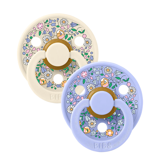 BIBS Pacifier 2-pack Chloe Meadow Ivory Mix with floral Liberty print, designed for infants, made of soft silicone.