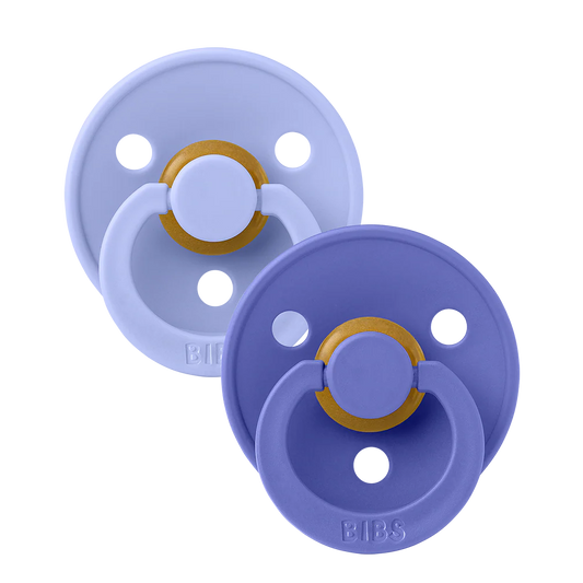 BIBS Pacifier 2-pack in Grape and Hush colors, round silicone baby pacifiers with natural nipple shape.