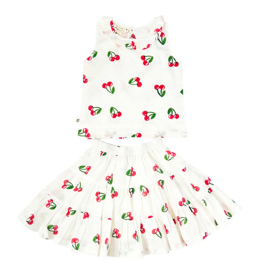 Cherry Ruffle Collared Top and Skirt Set by eight thousand miles, featuring a feminine ruffled collar and matching skirt in vibrant cherry print.