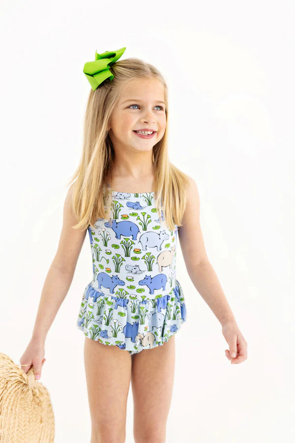 Bal Harbour Hippo Grace Bay bathing suit by The Beaufort Bonnet Company, featuring a colorful, playful design for kids.