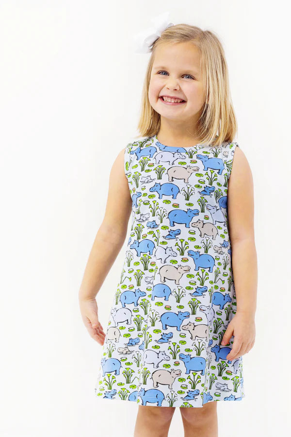 Bal Harbour Hippo sleeveless Polly Play Dress by The Beaufort Bonnet Company, featuring a playful animal print for young children.