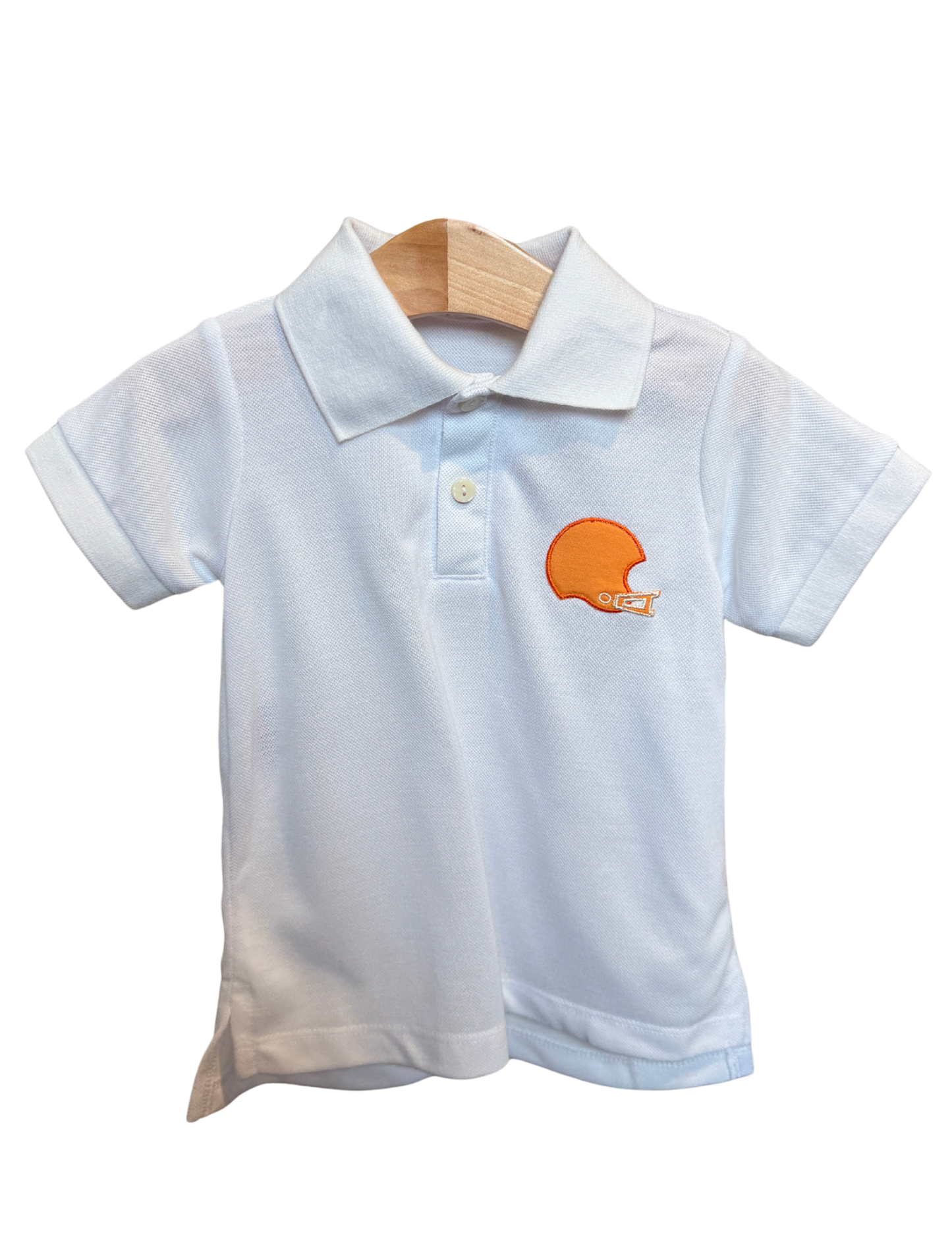 White polo shirt from Remember Nguyen paired with an orange helmet, displayed on a plain background.
