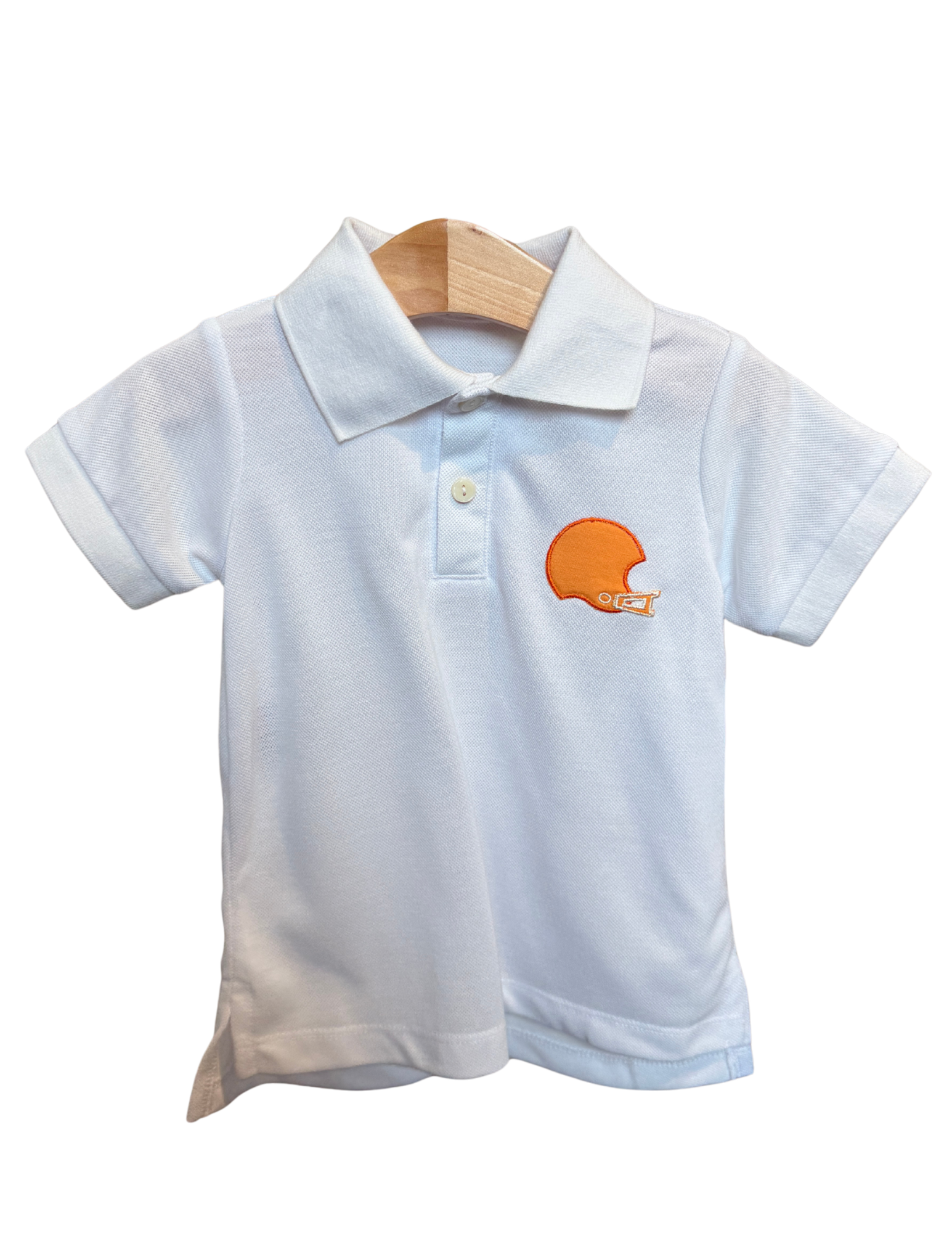 White polo shirt from Remember Nguyen paired with an orange helmet, displayed on a plain background.