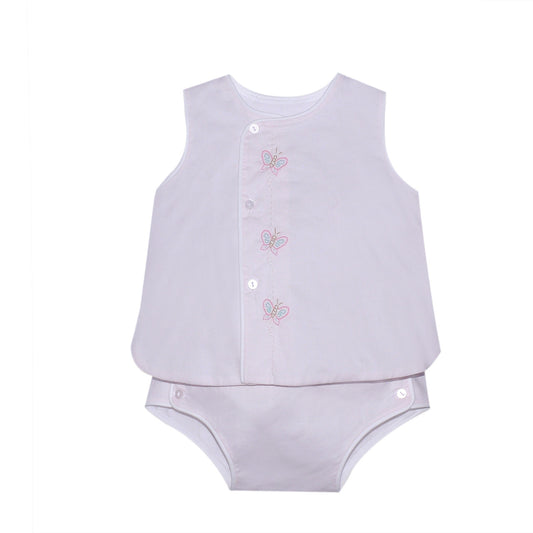 Pink Butterflies Blanche diaper set by Remember Nguyen featuring a soft pink fabric with butterfly embroidery for baby girls.
