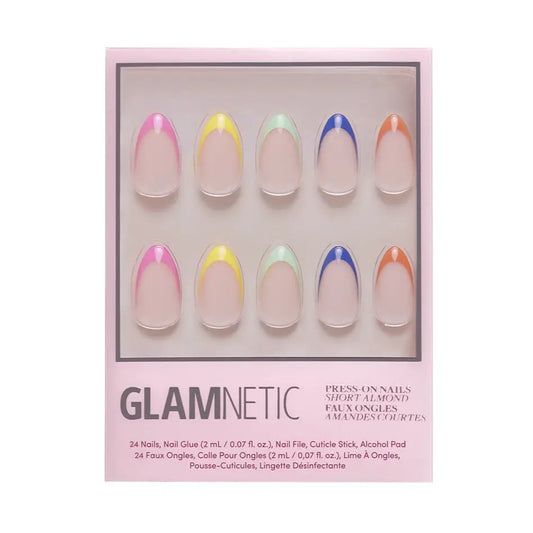 Glamnetic short almond press-on nails with bright multicolor sprinkles design, showcasing colorful nail art on natural-looking nails.