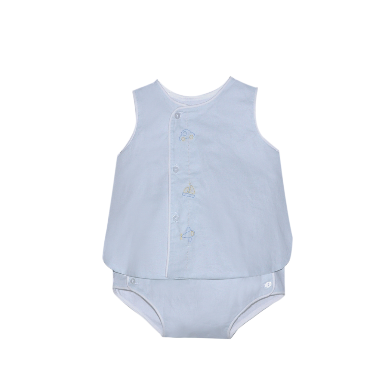 Blue Transportation Blanche diaper set by Remember Nguyen, featuring playful transportation prints on soft fabric for babies.