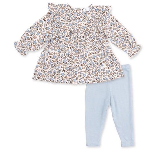 Angel Dear Hazel floral ruffle tunic and legging set for girls, featuring a colorful floral pattern and ruffled details.