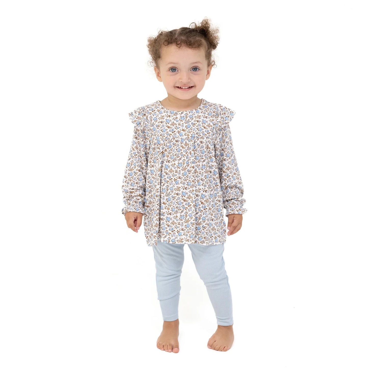 Angel Dear Hazel floral ruffle tunic and legging set for girls, featuring a colorful floral pattern and ruffle details.
