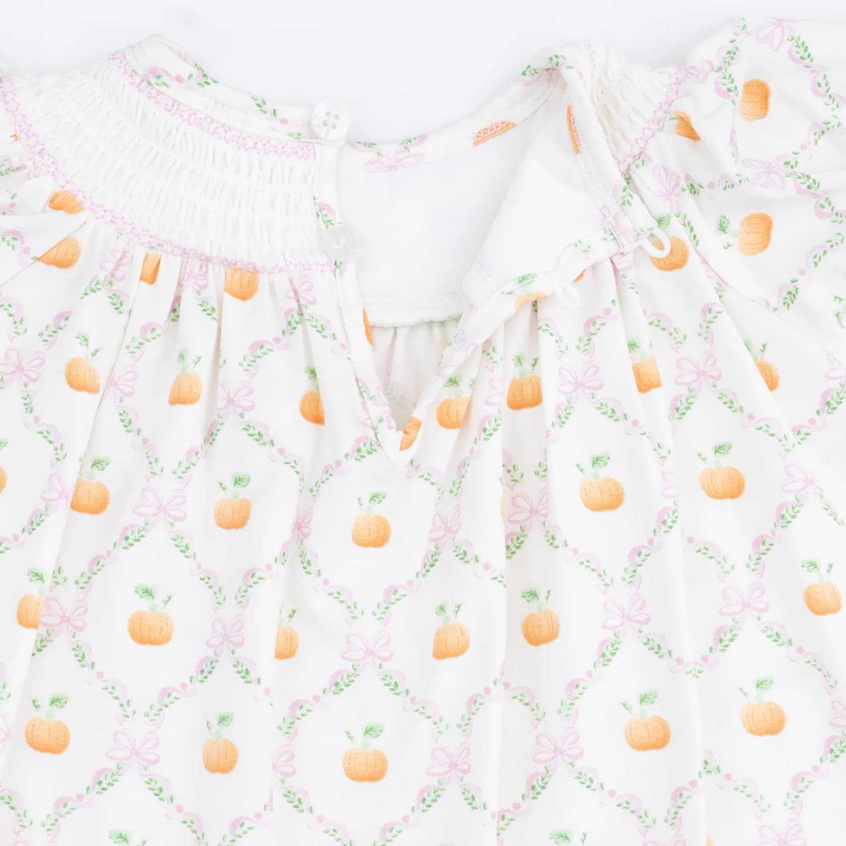 Angel Dear Pretty Pumpkin Trellis Jane Puff Sleeve Bishop Dress with matching bloomers for baby girl, featuring a charming pumpkin print.