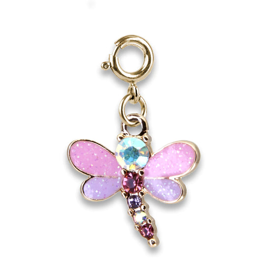 Gold glitter dragonfly charm from Charm It! featuring a sparkling, decorative insect design on a jewelry accessory.