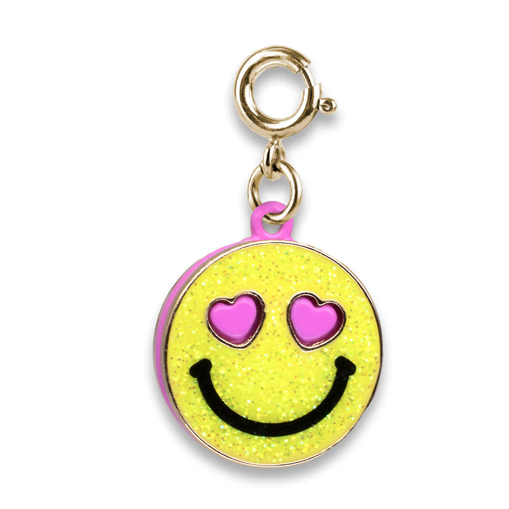 Gold glitter smiley face charm from Charm It! featuring a shiny, cheerful gold smiley design with glitter accents.