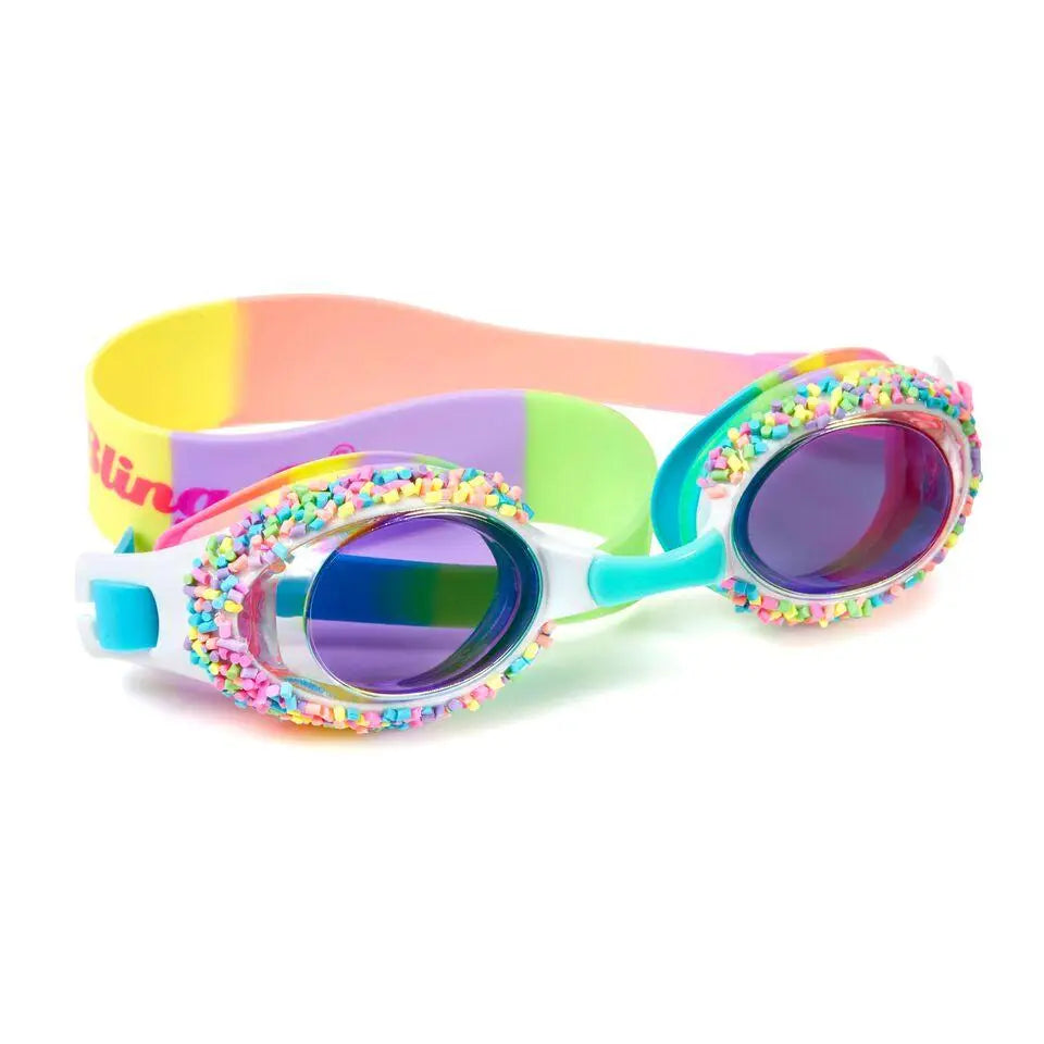 Colorful Cake Pop Kids' Swim Goggles by Bling2o with fun, bubble-shaped design and adjustable straps for comfortable swimming.