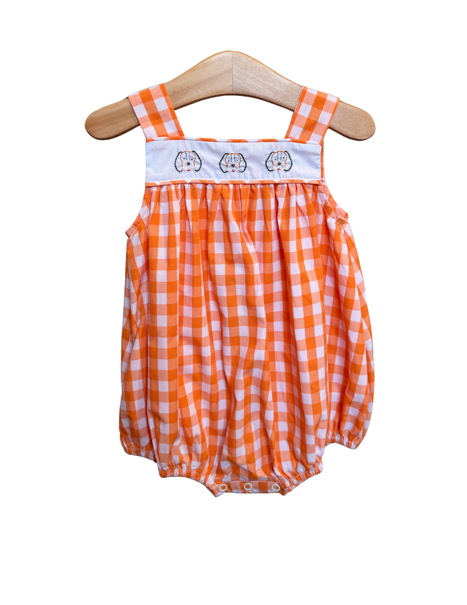 Orange and white gingham smokey face embroidered bubble hat by Remember Nguyen featuring playful face design and soft fabric.