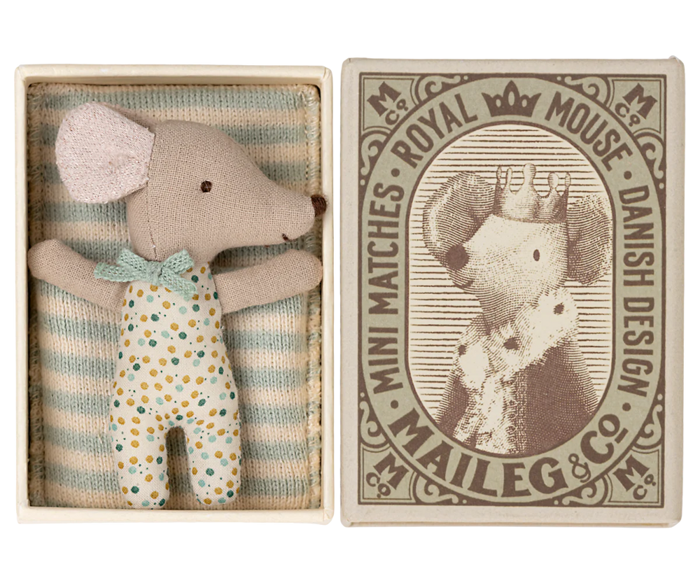 Maileg - Blue Dot Sleepy Wakey Baby Mouse in Matchbox