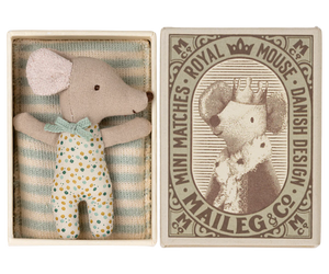 Maileg - Blue Dot Sleepy Wakey Baby Mouse in Matchbox