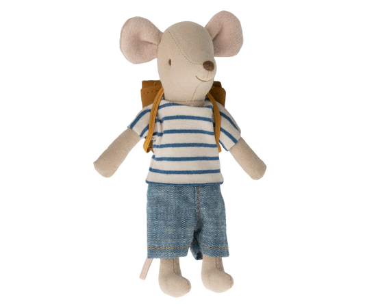 Maileg Big Brother Tricycle Mouse in blue, plush toy with detailed features, perfect for children or collectors.