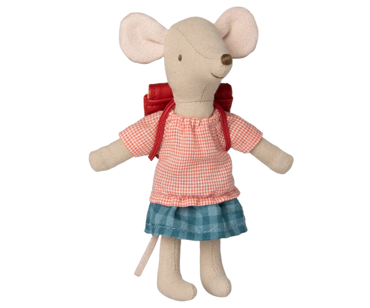 Maileg Big Sister Tricycle Mouse in red, plush toy with detailed features, perfect for children's play and collection.