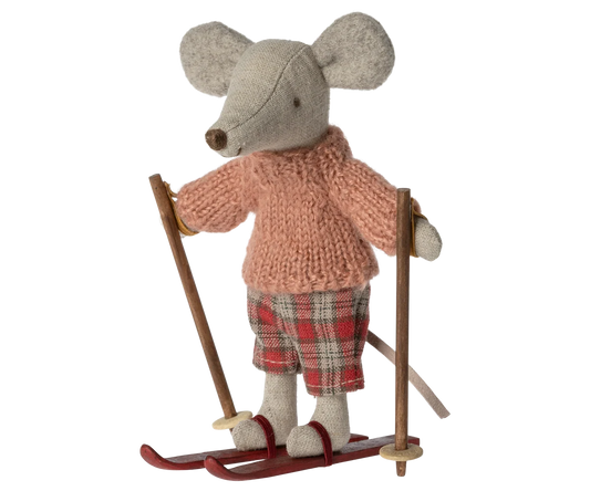 Maileg Winter Mouse with Ski Set for Big Sister, dressed in winter clothing, holding skis and ready for snow adventures