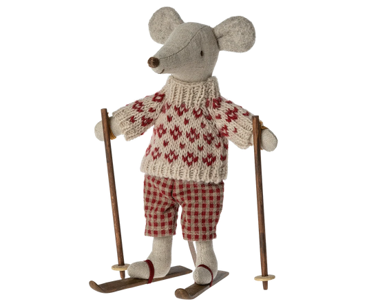 Maileg Winter Mouse with Ski Set for kids, dressed in warm winter clothing and holding skis, ideal for festive holiday decor.