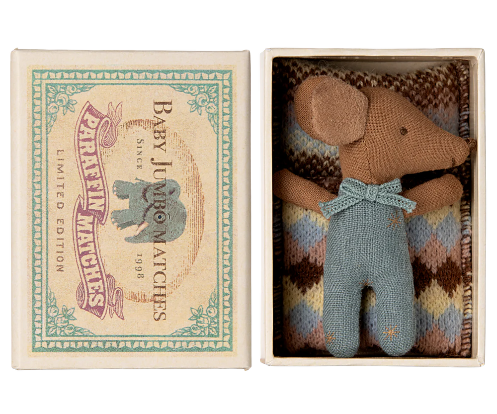 Maileg - Blue Sleepy Wakey Baby Mouse in Matchbox