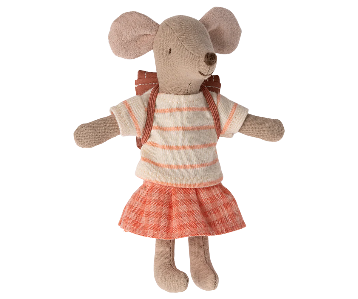 Maileg Big Sister Tricycle Mouse in coral with detailed features, wearing a pink dress and holding a small pink bag.