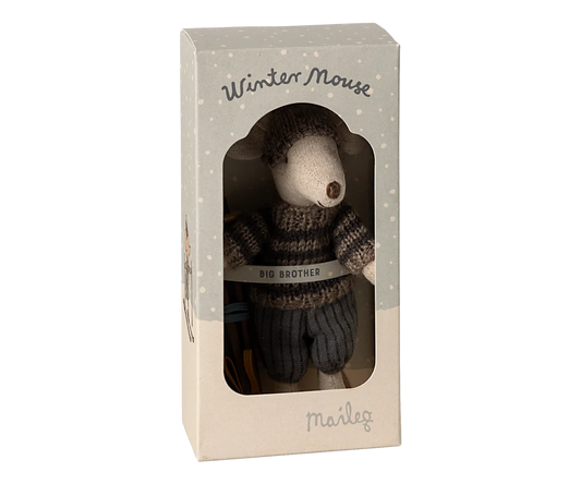 Grey winter mouse with ski set by Maileg, dressed as a big brother, bundled up in winter clothing and skis for play.