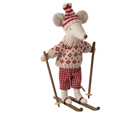 Maileg Winter mouse with ski set in red, dressed for cold weather, perfect for holiday or winter-themed play.