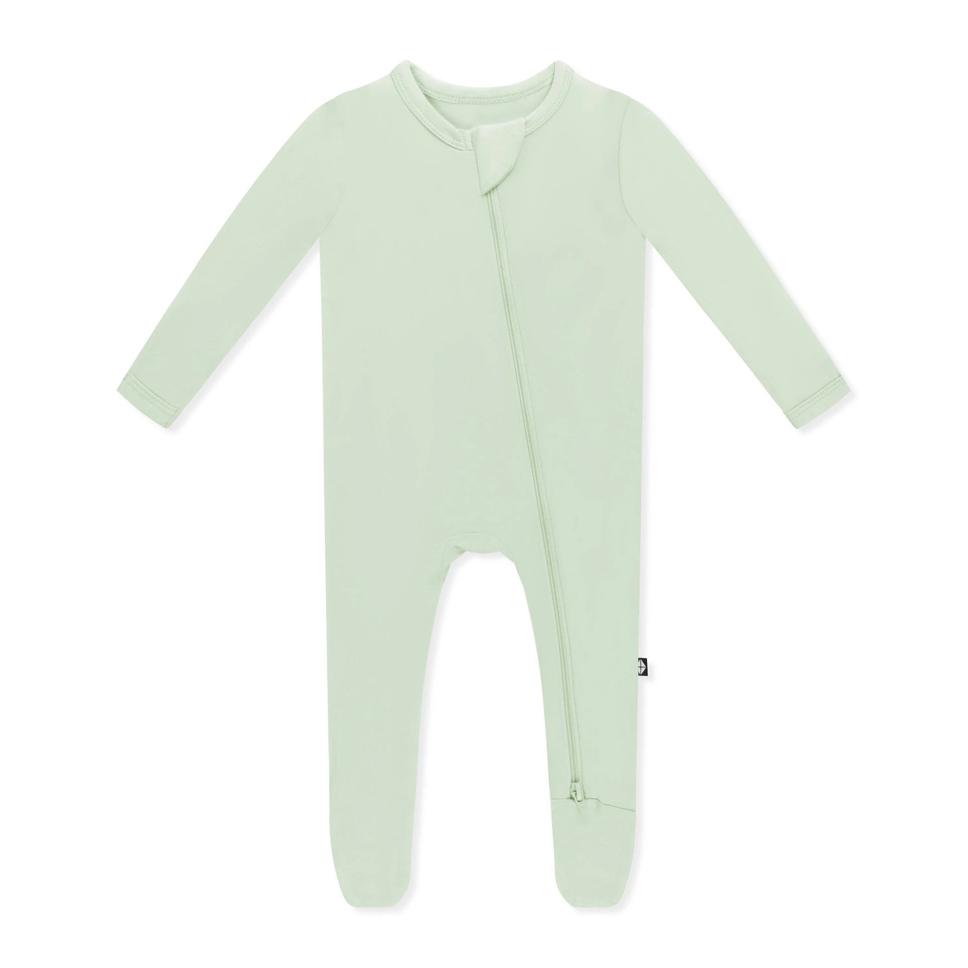Kyte Baby zippered footie in Basil with soft fabric, featuring a front zipper and cozy design for infants.