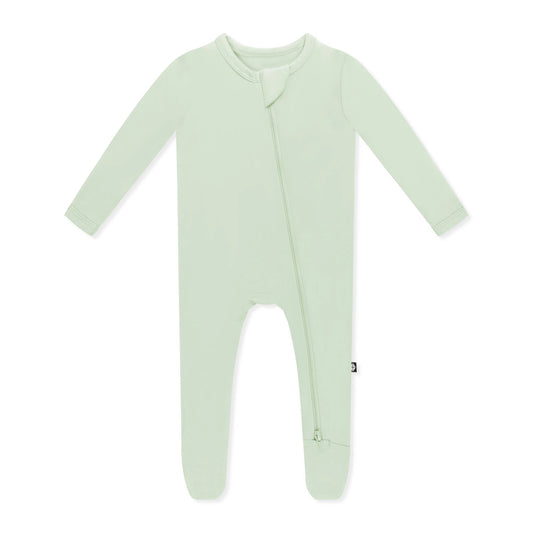 Kyte Baby zippered footie in Basil, soft and cozy sleepwear for babies with front zipper and footed design.