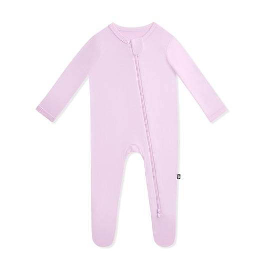 Kyte Baby zippered footie in Thistle color, soft cozy one-piece pajamas for infants with front zipper and footed design.