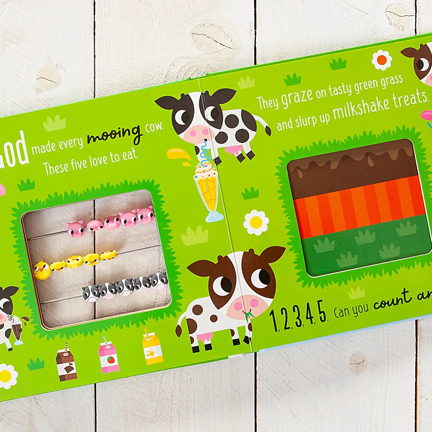 Colorful illustration of God's Farmyard Animals including a cow, pig, sheep, and chicken from BroadStreet Publishing's children's book.